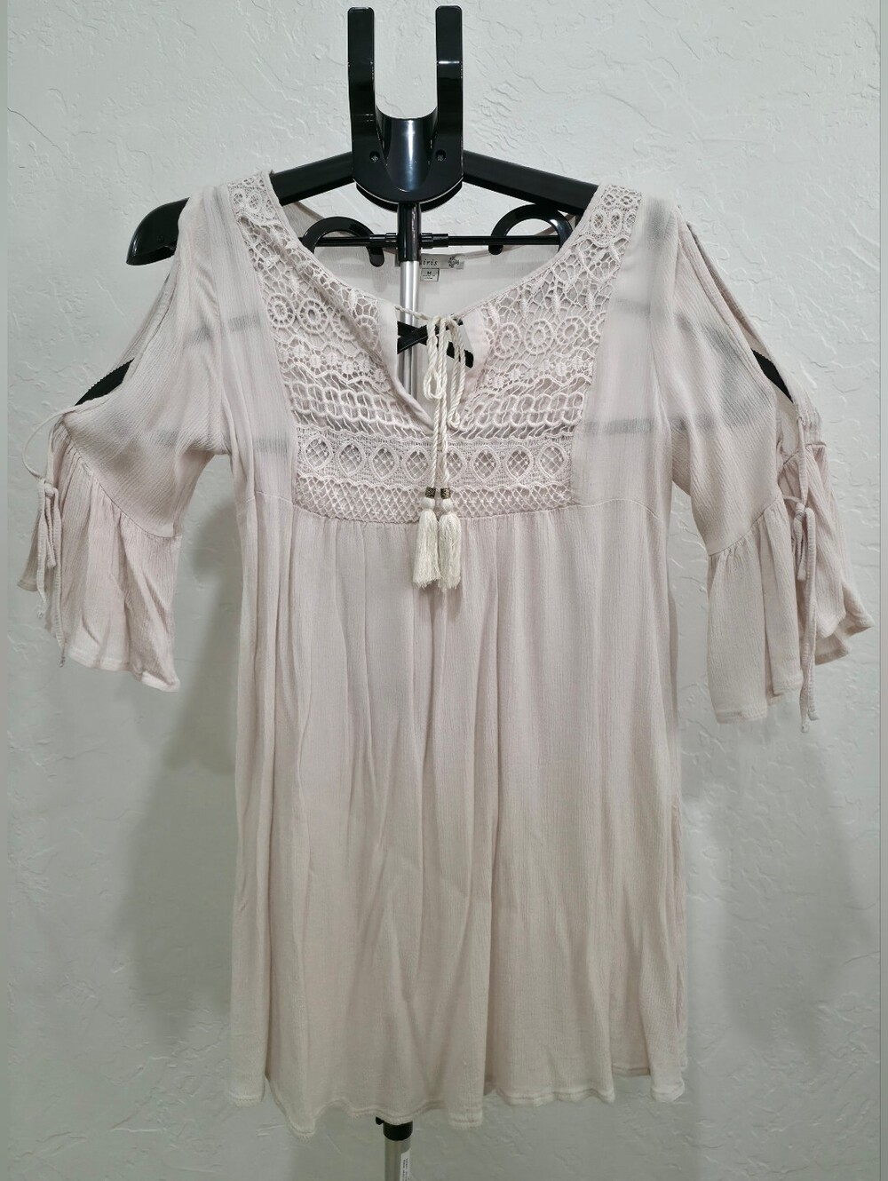 Boho Cold-Shoulder Crochet Yoke Tunic Dress in Light Beige